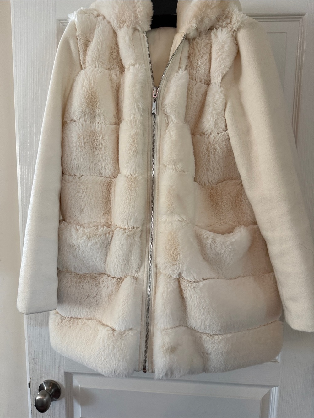 Source Unknown Cream Faux Fur Hooded Teddy Jacket. Reversible